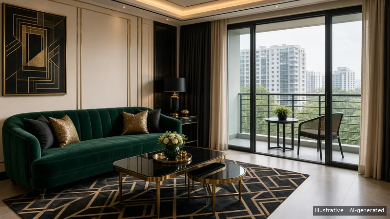 Living and balcony — Art Deco Glam, Condo (illustrative)