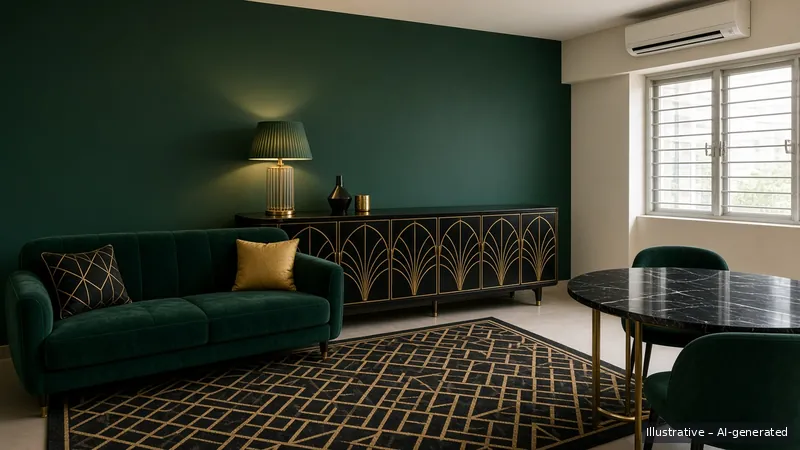 Living and dining — Art Deco Glam, HDB 3-room (illustrative)