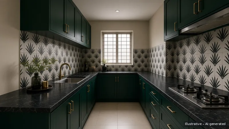 Galley kitchen — Art Deco Glam, HDB 3-room (illustrative)