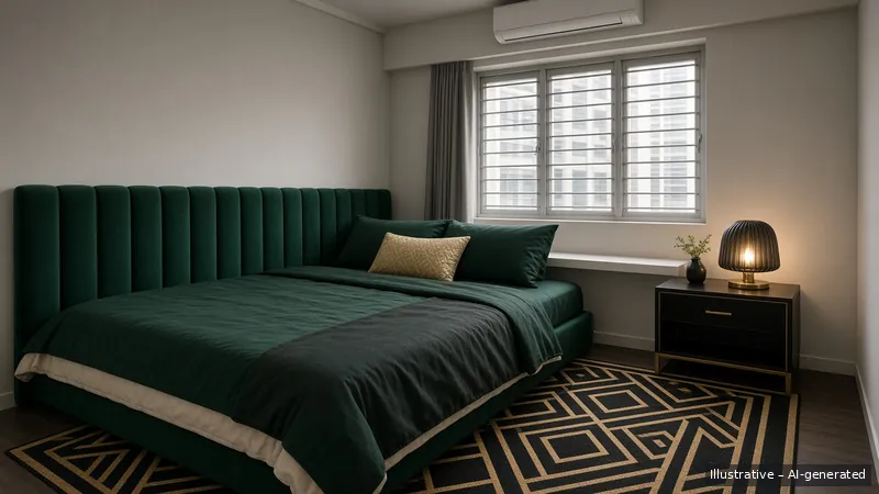 Bedroom — Art Deco Glam, HDB 3-room (illustrative)