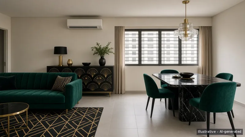 Living and dining — Art Deco Glam, HDB 4-room (illustrative)
