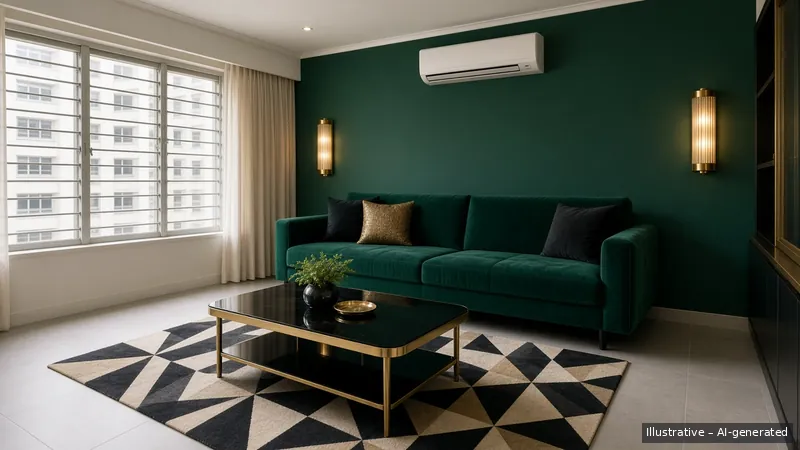 Living — Art Deco Glam, HDB 5-room (illustrative)