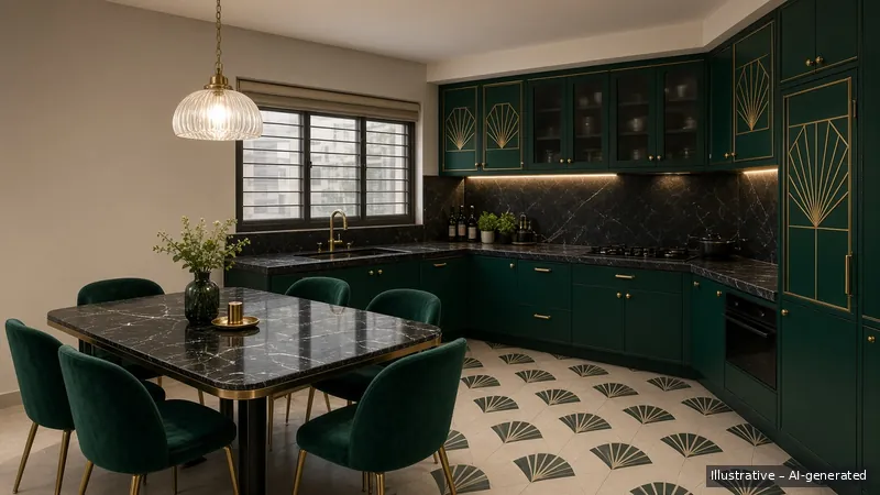 Kitchen and dining — Art Deco Glam, HDB 5-room (illustrative)