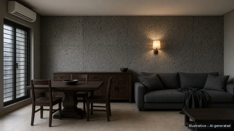 Living and dining — Bali Stone, HDB 3-room (illustrative)