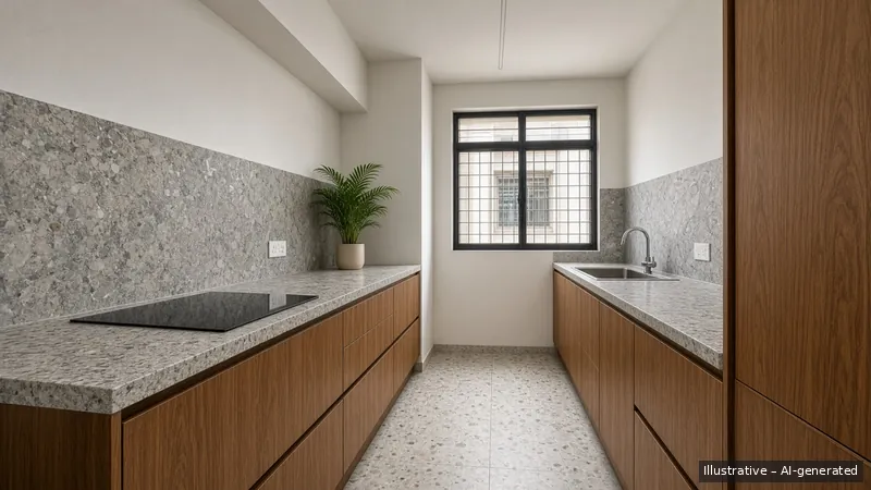Galley kitchen — Bali Stone, HDB 3-room (illustrative)