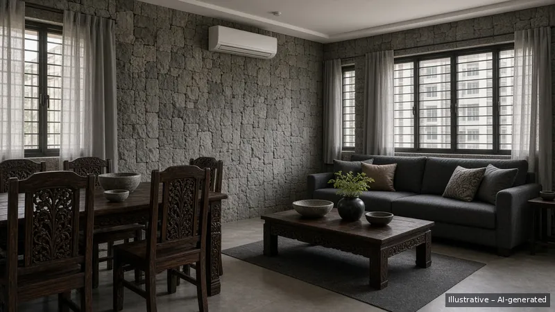 Living and dining — Bali Stone, HDB 4-room (illustrative)