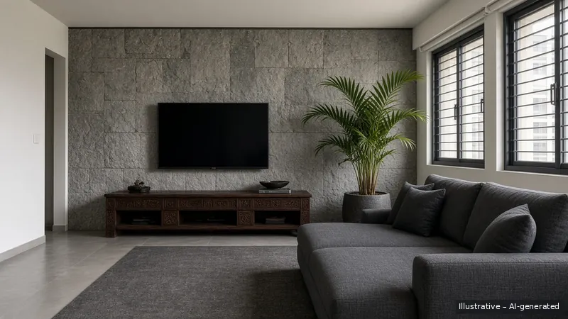 Living — Bali Stone, HDB 5-room (illustrative)