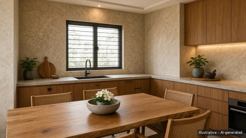 Kitchen and dining — Bali Stone, HDB 5-room (illustrative)