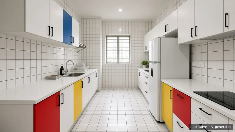 Galley kitchen — Bauhaus Primary, HDB 3-room (illustrative)