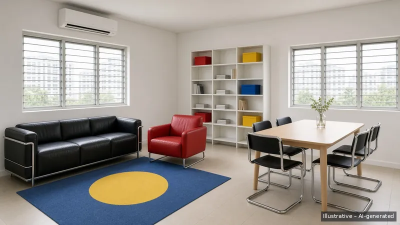 Living and dining — Bauhaus Primary, HDB 4-room (illustrative)
