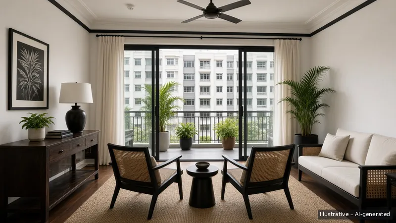 Living and balcony — Black & White Colonial, Condo (illustrative)