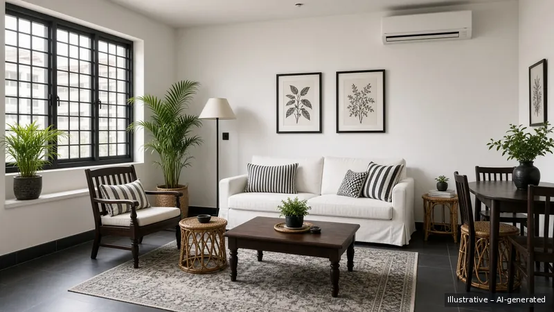 Living and dining — Black & White Colonial, HDB 3-room (illustrative)