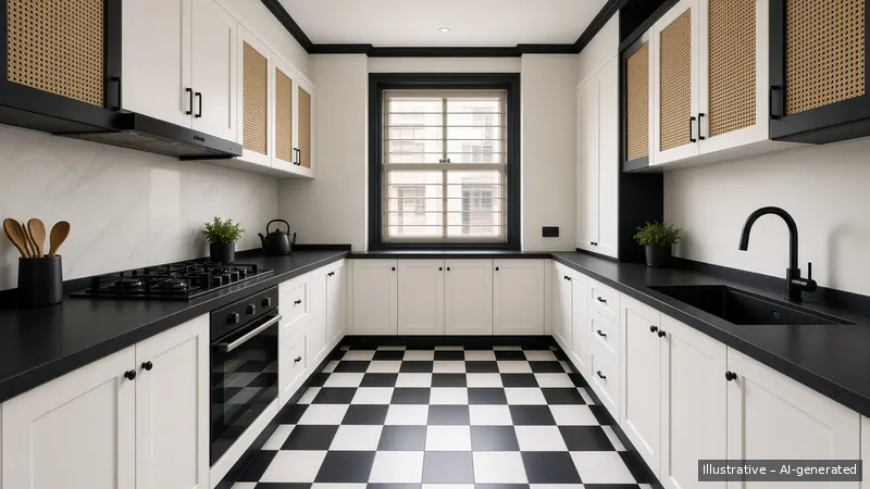 Galley kitchen — Black & White Colonial (illustrative)