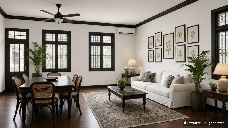 Living and dining — Black & White Colonial, HDB 4-room (illustrative)