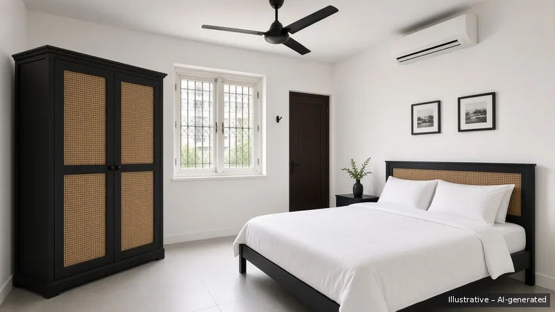 Master bedroom — Black & White Colonial, HDB 4-room (illustrative)