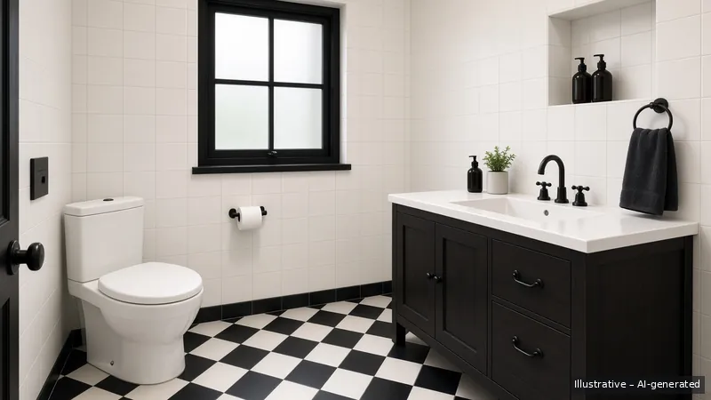 Bathroom — Black & White Colonial, HDB 4-room (illustrative)