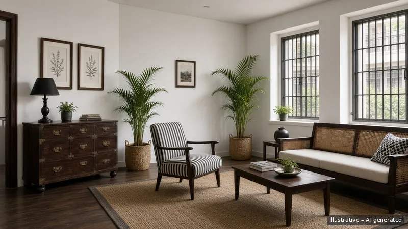 Living — Black & White Colonial, HDB 5-room (illustrative)