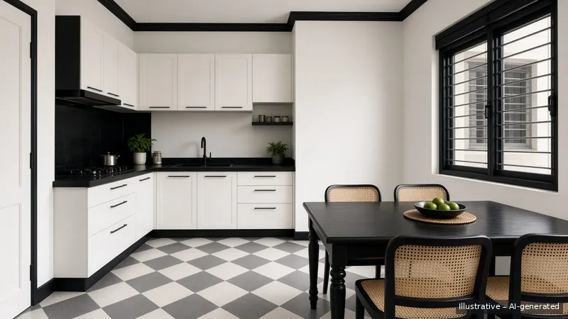 Kitchen and dining — Black & White Colonial, HDB 5-room (illustrative)