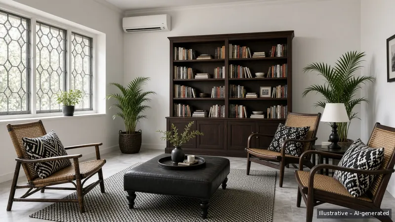 Family room — Black & White Colonial, HDB 5-room (illustrative)