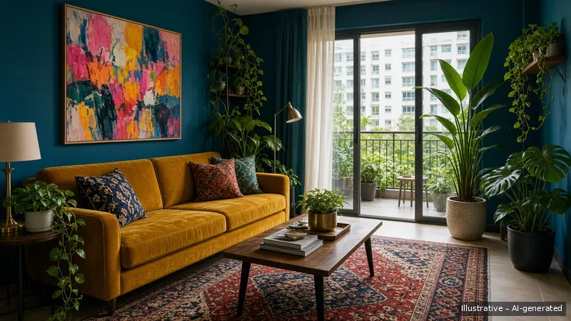 Living and balcony — Bold Maximalist, Condo (illustrative)