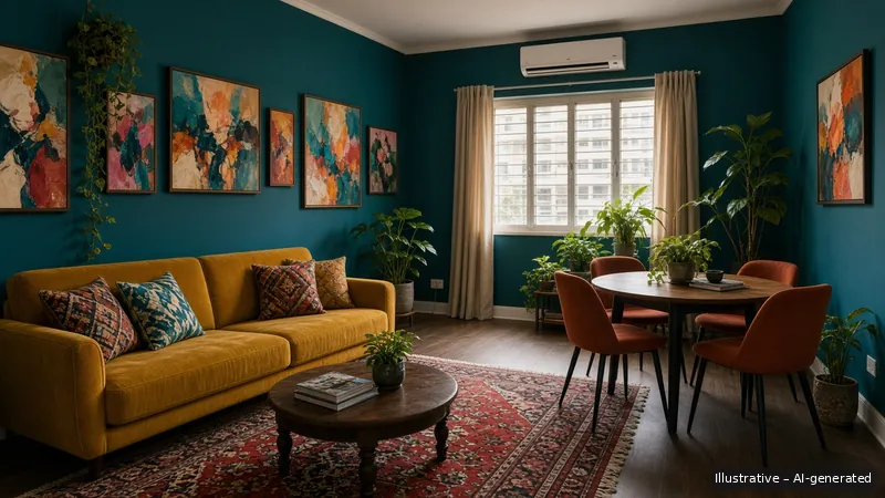 Living and dining — Bold Maximalist, HDB 3-room (illustrative)