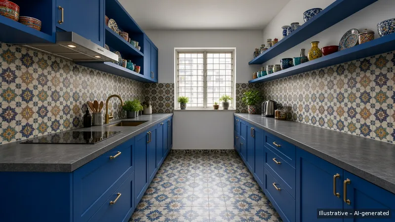 Galley kitchen — Bold Maximalist, HDB 3-room (illustrative)