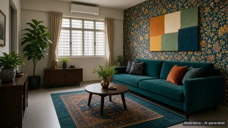 Living and dining — Bold Maximalist, HDB 4-room (illustrative)