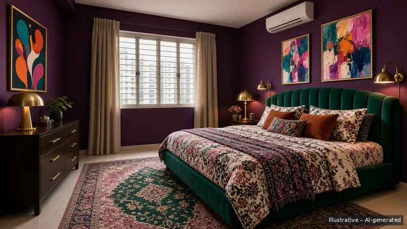 Master bedroom — Bold Maximalist, HDB 4-room (illustrative)