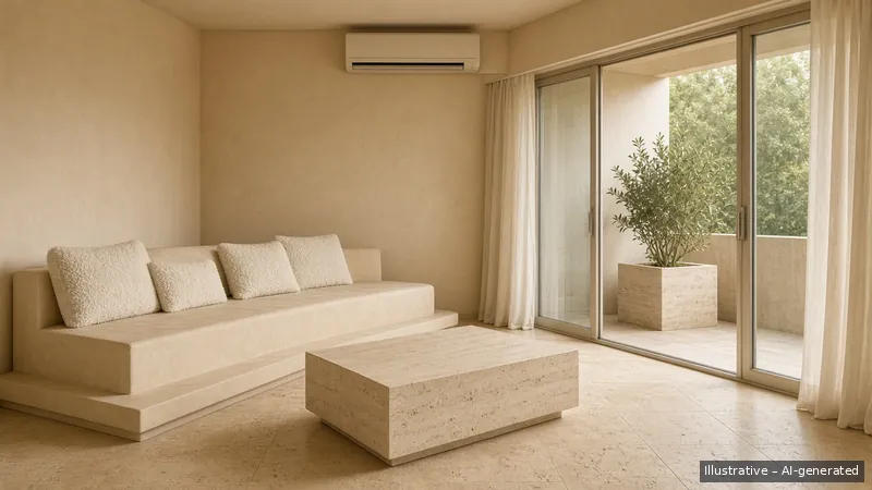 Living and balcony — Brutalist Soft, Condo (illustrative)