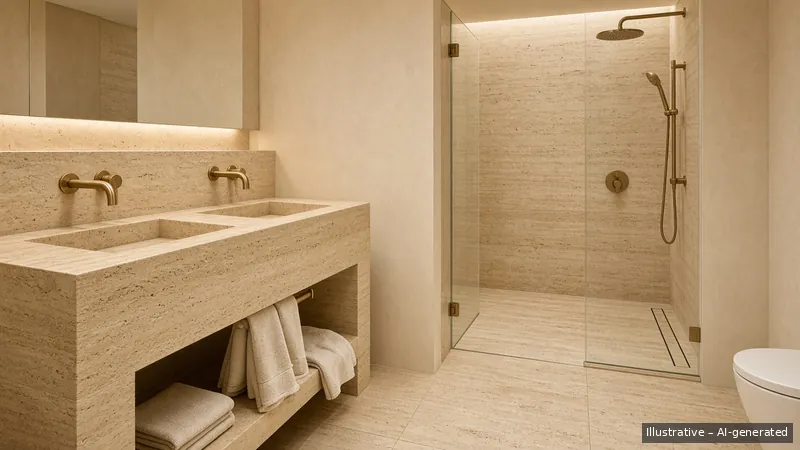 Master bath — Brutalist Soft, Condo (illustrative)