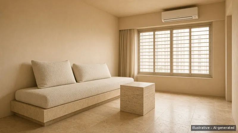 Living and dining — Brutalist Soft, HDB 3-room (illustrative)