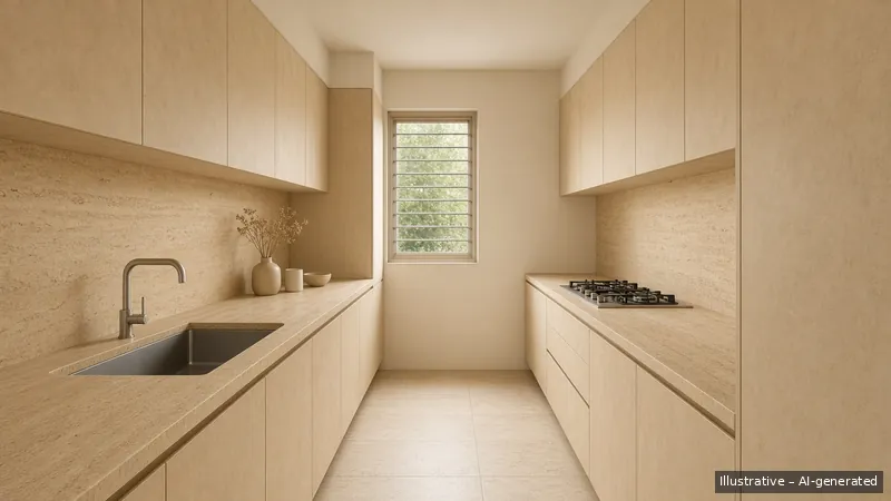 Galley kitchen — Brutalist Soft, HDB 3-room (illustrative)