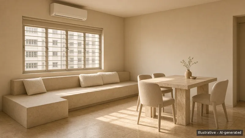 Living and dining — Brutalist Soft, HDB 4-room (illustrative)