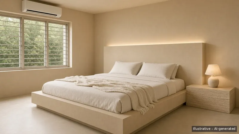 Master bedroom — Brutalist Soft, HDB 4-room (illustrative)