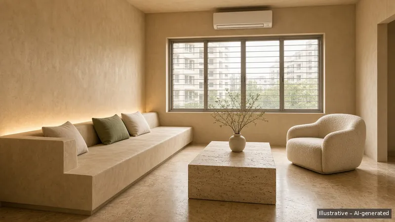Living — Brutalist Soft, HDB 5-room (illustrative)