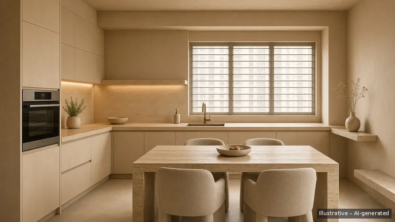 Kitchen and dining — Brutalist Soft, HDB 5-room (illustrative)