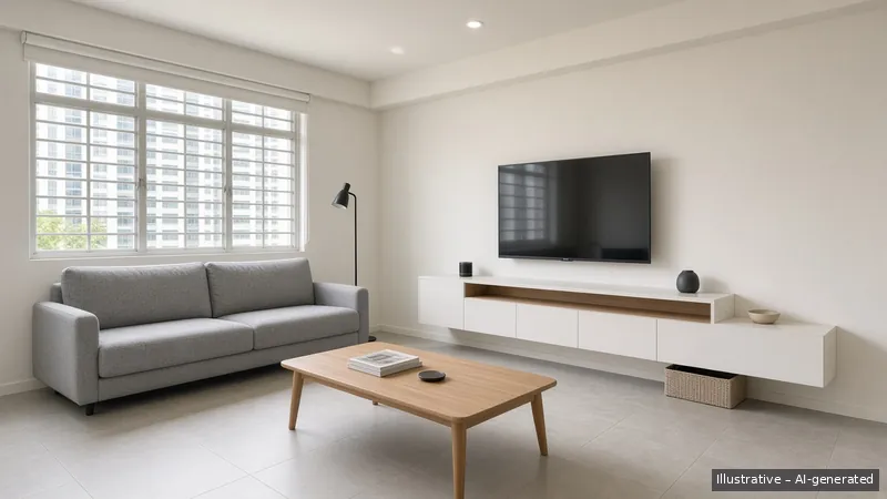Living room — Clean Line, HDB 3-room (illustrative)