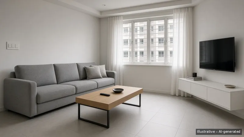 Living room — Clean Line, HDB 4-room (illustrative)