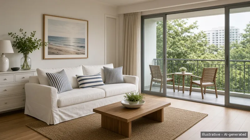Living and balcony — Coastal Hamptons, Condo (illustrative)