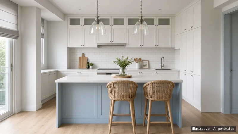 Kitchen island — Coastal Hamptons, Condo (illustrative)