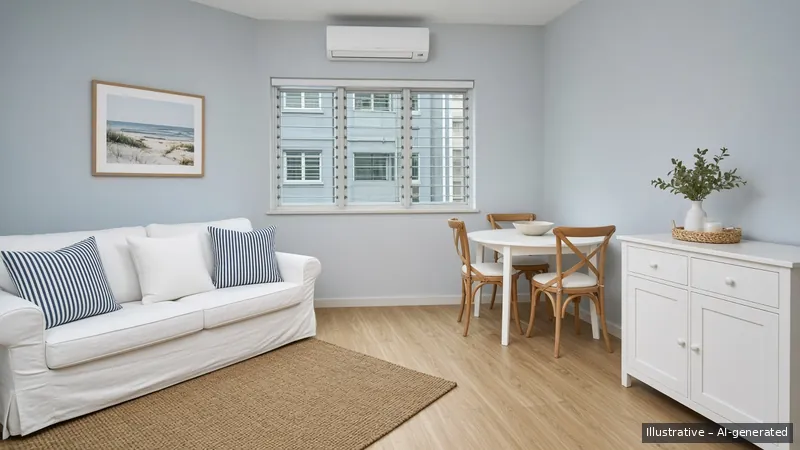 Living and dining — Coastal Hamptons, HDB 3-room (illustrative)
