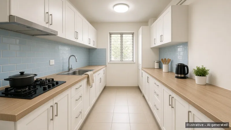 Galley kitchen — Coastal Hamptons, HDB 3-room (illustrative)