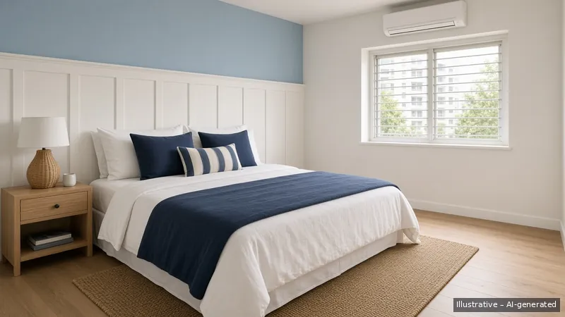 Bedroom — Coastal Hamptons, HDB 3-room (illustrative)
