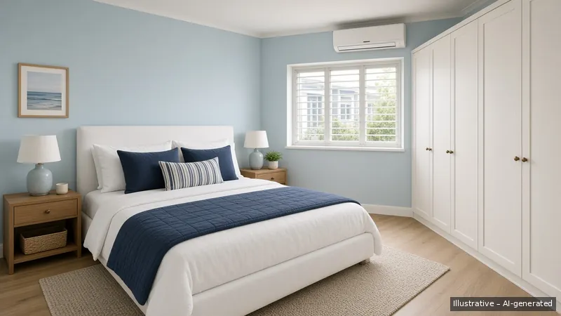 Master bedroom — Coastal Hamptons, HDB 4-room (illustrative)