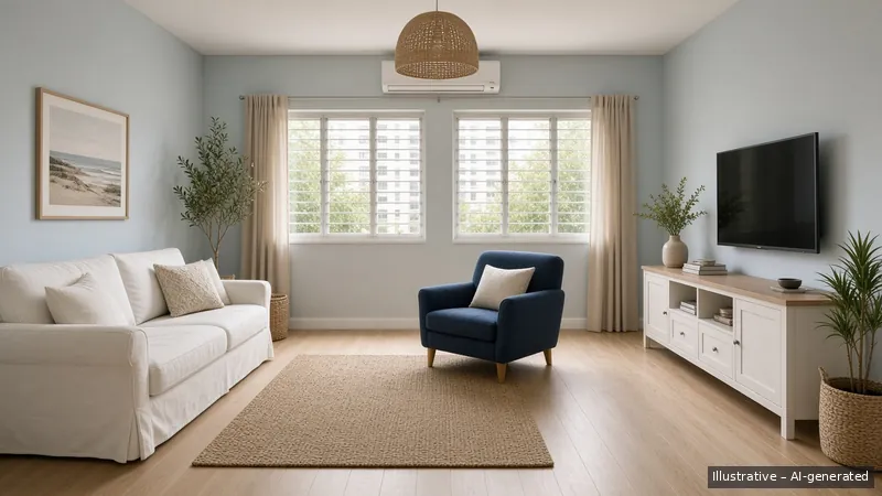 Living — Coastal Hamptons, HDB 5-room (illustrative)