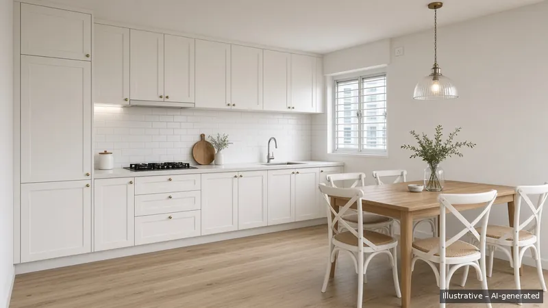 Kitchen and dining — Coastal Hamptons, HDB 5-room (illustrative)