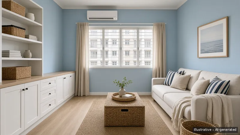 Family room — Coastal Hamptons, HDB 5-room (illustrative)