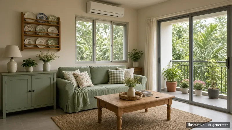 Living and balcony — English Cottage, Condo (illustrative)