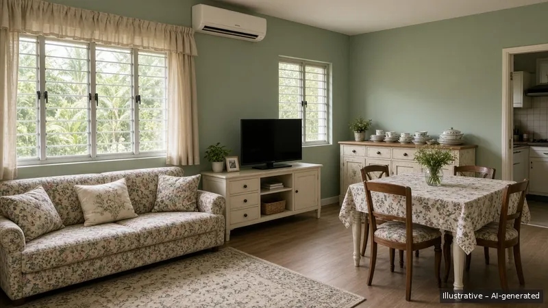 Living and dining — English Cottage, HDB 3-room (illustrative)