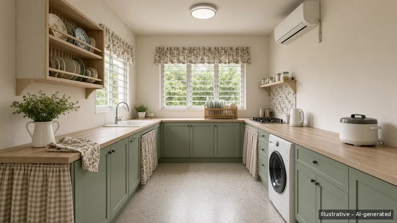 Galley kitchen — English Cottage, HDB 3-room (illustrative)